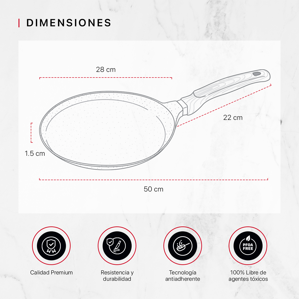 Sartén Crepera Comal de Mármol Con Antiadherente 28 cm Beige Cookify