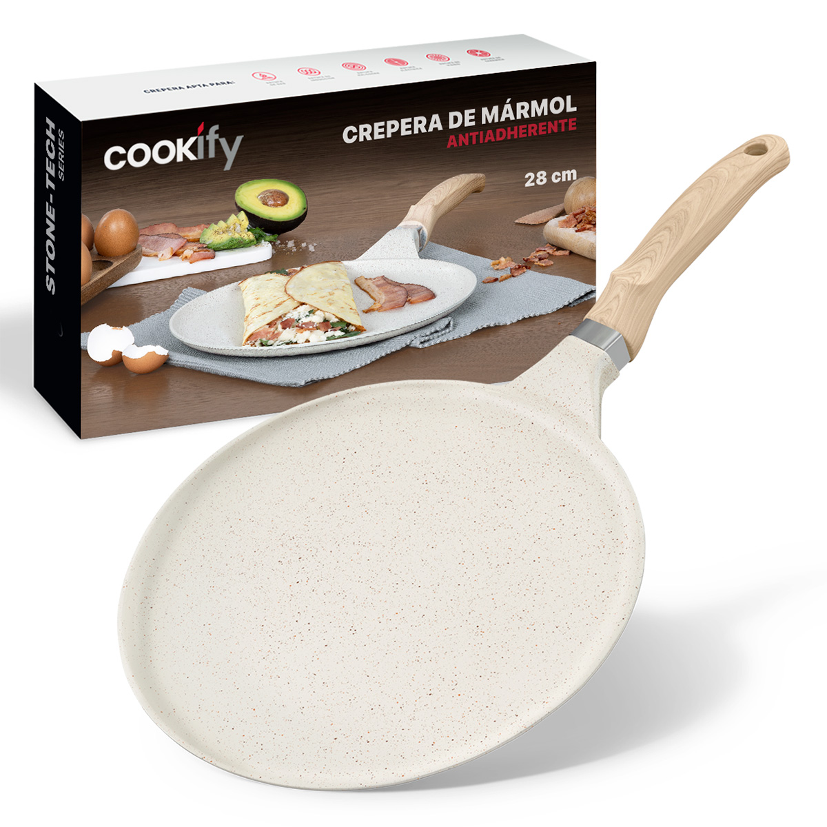 Sartén Crepera Comal de Mármol Con Antiadherente 28 cm Beige Cookify