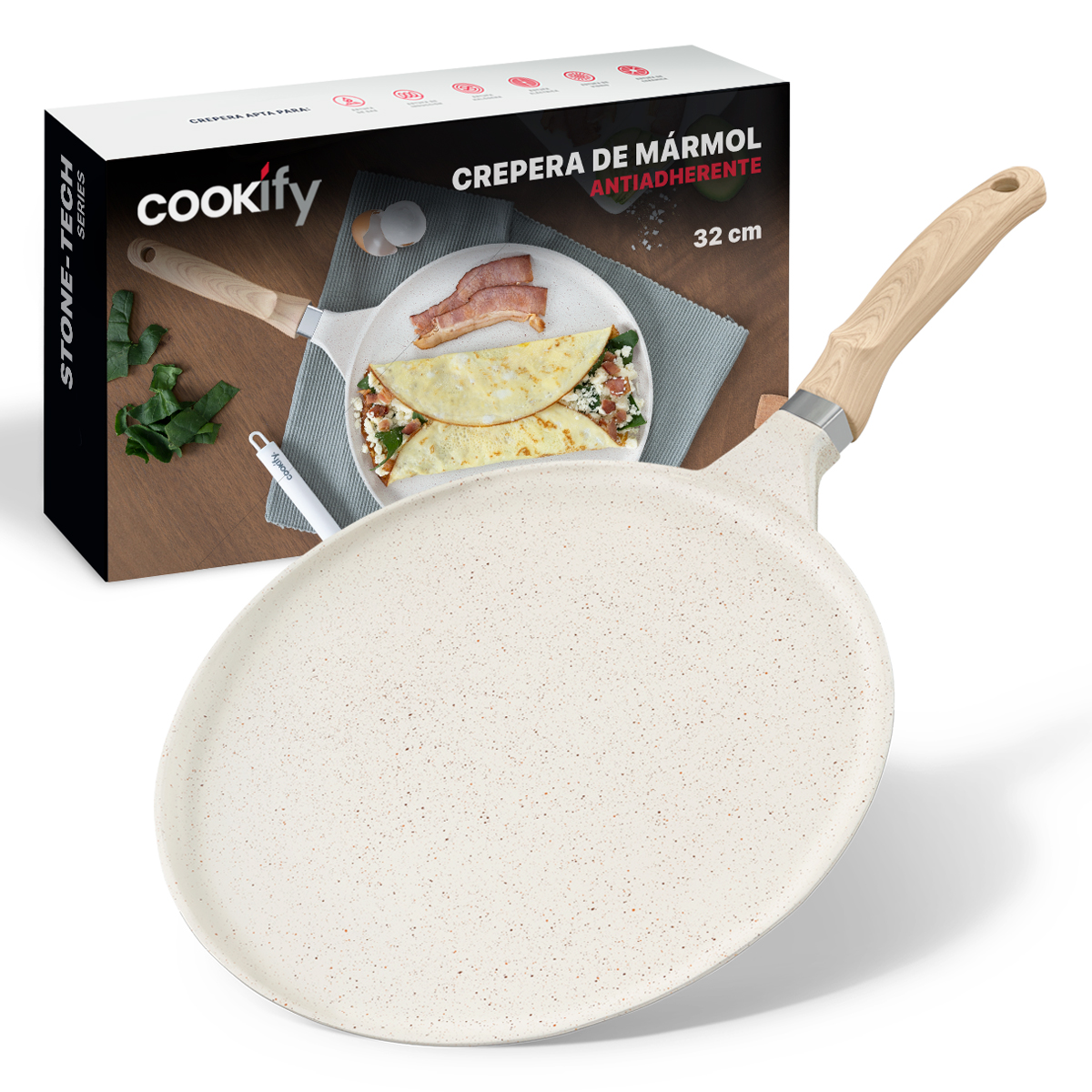 Sartén Crepera Comal de Mármol Antiadherente 32 cm Beige Cookify.