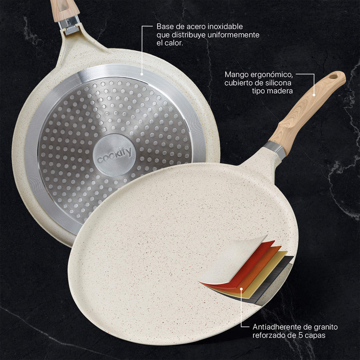 Sartén Crepera Comal de Mármol Con Antiadherente 28 cm Beige Cookify