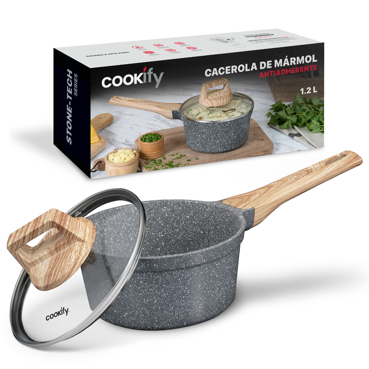 Olla Cacerola Antiadherente Con Tapa 16 cm de Mármol Gris Cookify