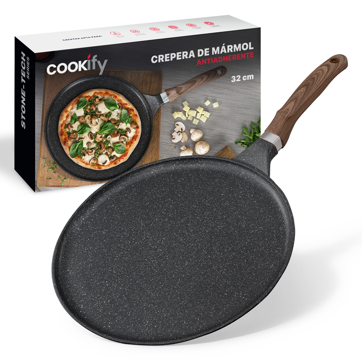Sartén Crepera Comal De Mármol Con Antiadherente 32 cm Negro Cookify