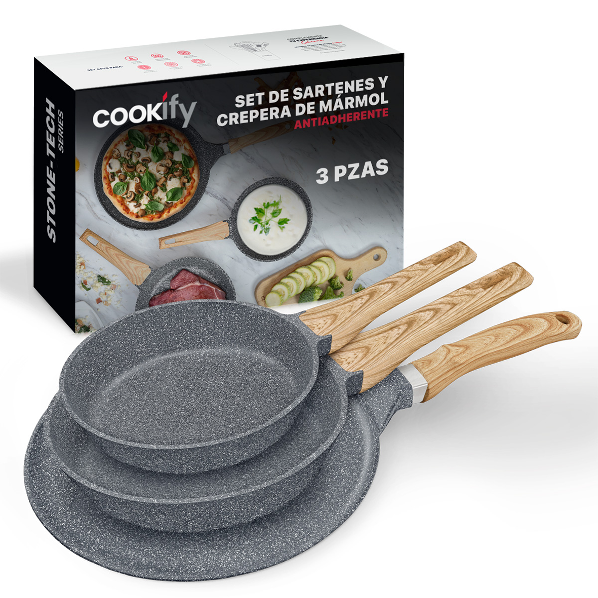 Juego Set 3 Sartenes De Mármol Con Antiadherente 20 - 24 - 28 cm Gris Cookify
