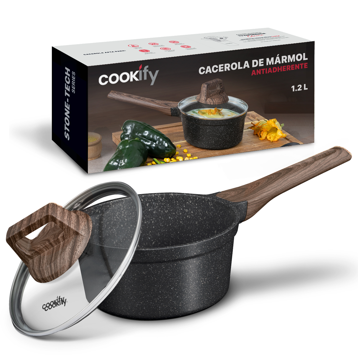 Olla Cacerola Antiadherente Con Tapa 16 cm Mármol Negro Cookify