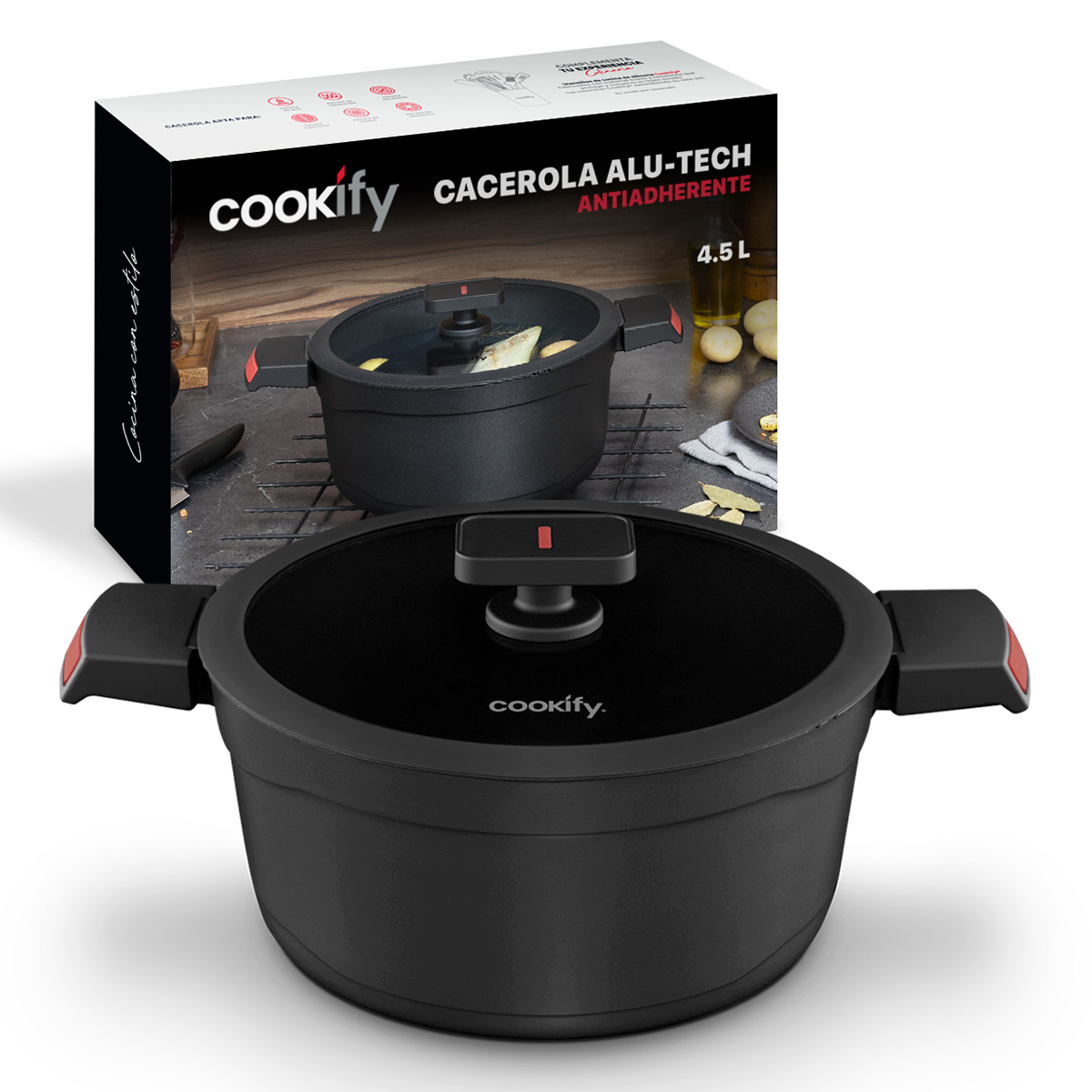 Olla Cacerola Antiadherente Con Tapa 24 cm Aluminio Fundido Negro Cookify