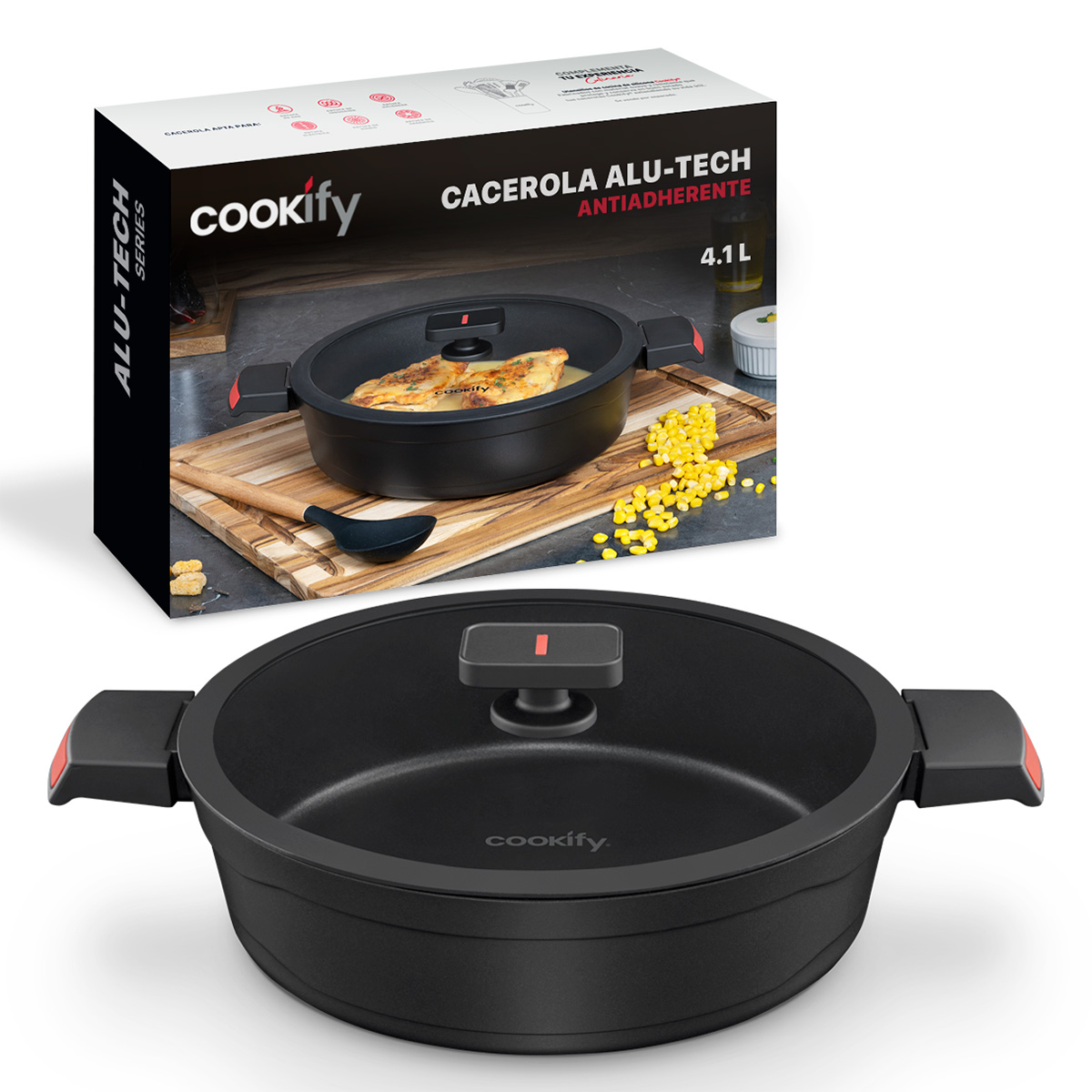 Cacerola Arrocera Antiadherente Con Tapa 28 cm Aluminio Fundido Negro Cookify