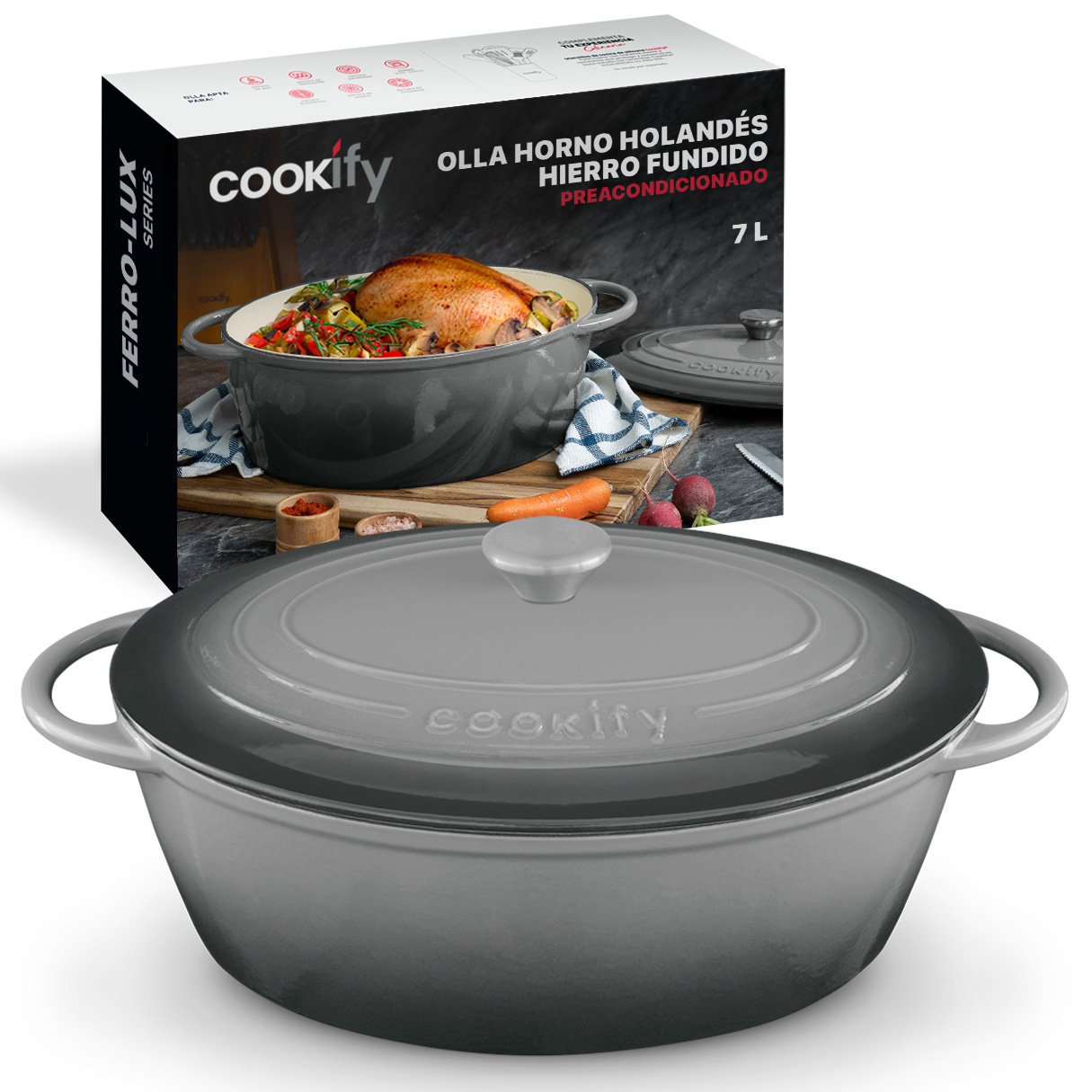 Horno Holandés Olla De Hierro Fundido Con Esmaltado 7 Lts Gris Cookify