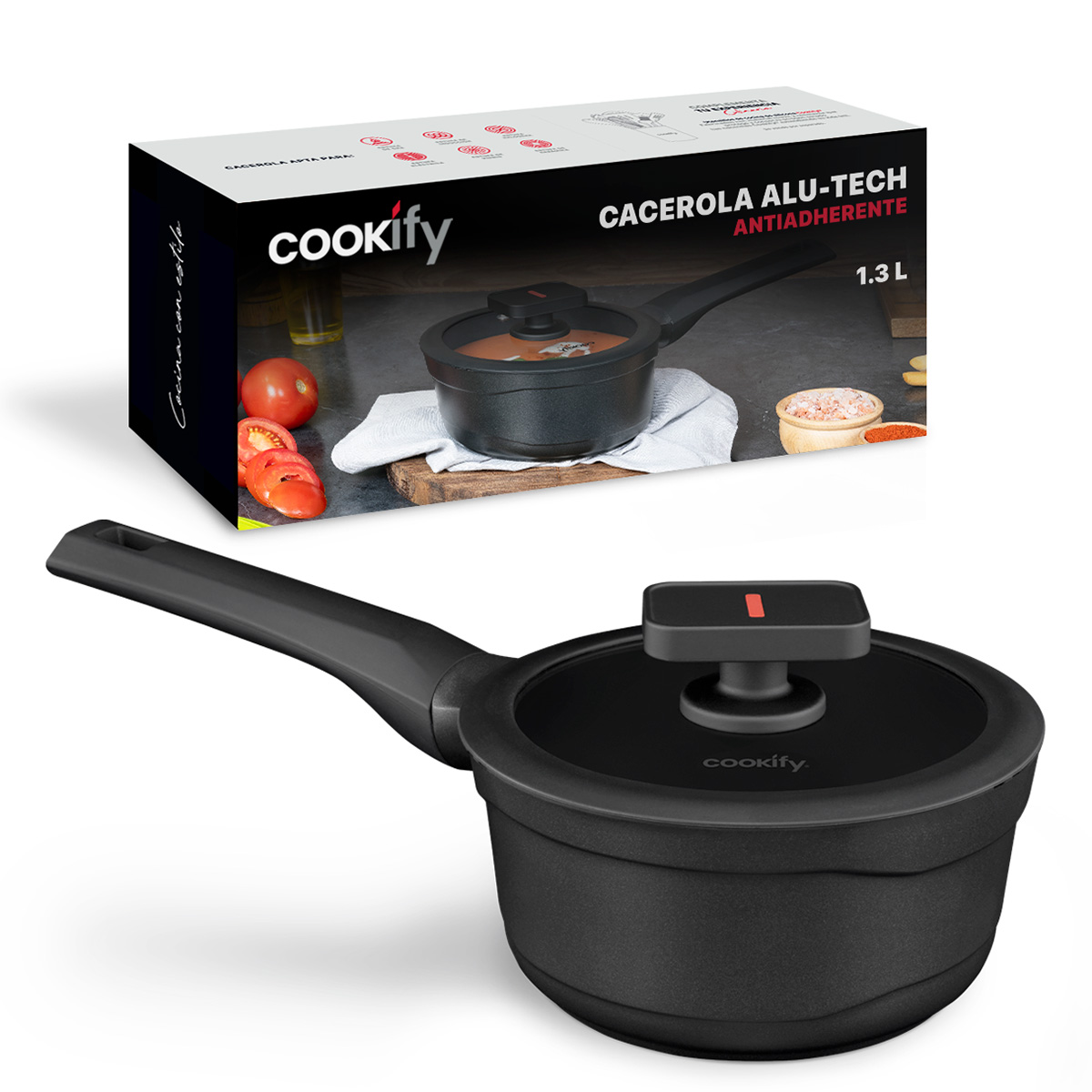 Olla Cacerola Antiadherente Con Tapa 16 cm de Aluminio Fundido Negro Cookify