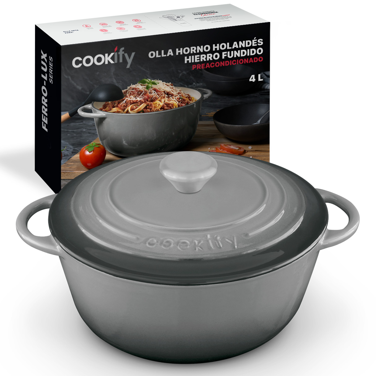 Horno Holandés Olla De Hierro Fundido Con Esmaltado 4 Lts Gris Cookify