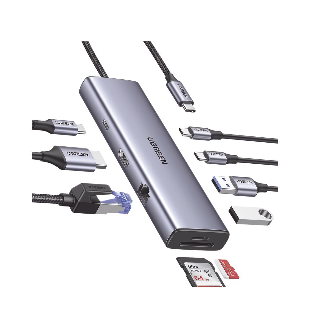 UGREEN Hub USB C, 9 en 1, 2 USB-A 3.0 (5Gbps) | 2 USB-C (5Gbps) | USB-C PD Carga 100W | HDMI 4K@60Hz | RJ45 (Gigabit Ethernet) | Lector Tarjetas SD + Micro SD (TF) Simultáneo.