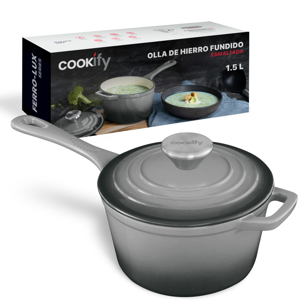 Olla de Hierro Fundido Esmaltado con Tapa 1.5 Lts Gris Cookify