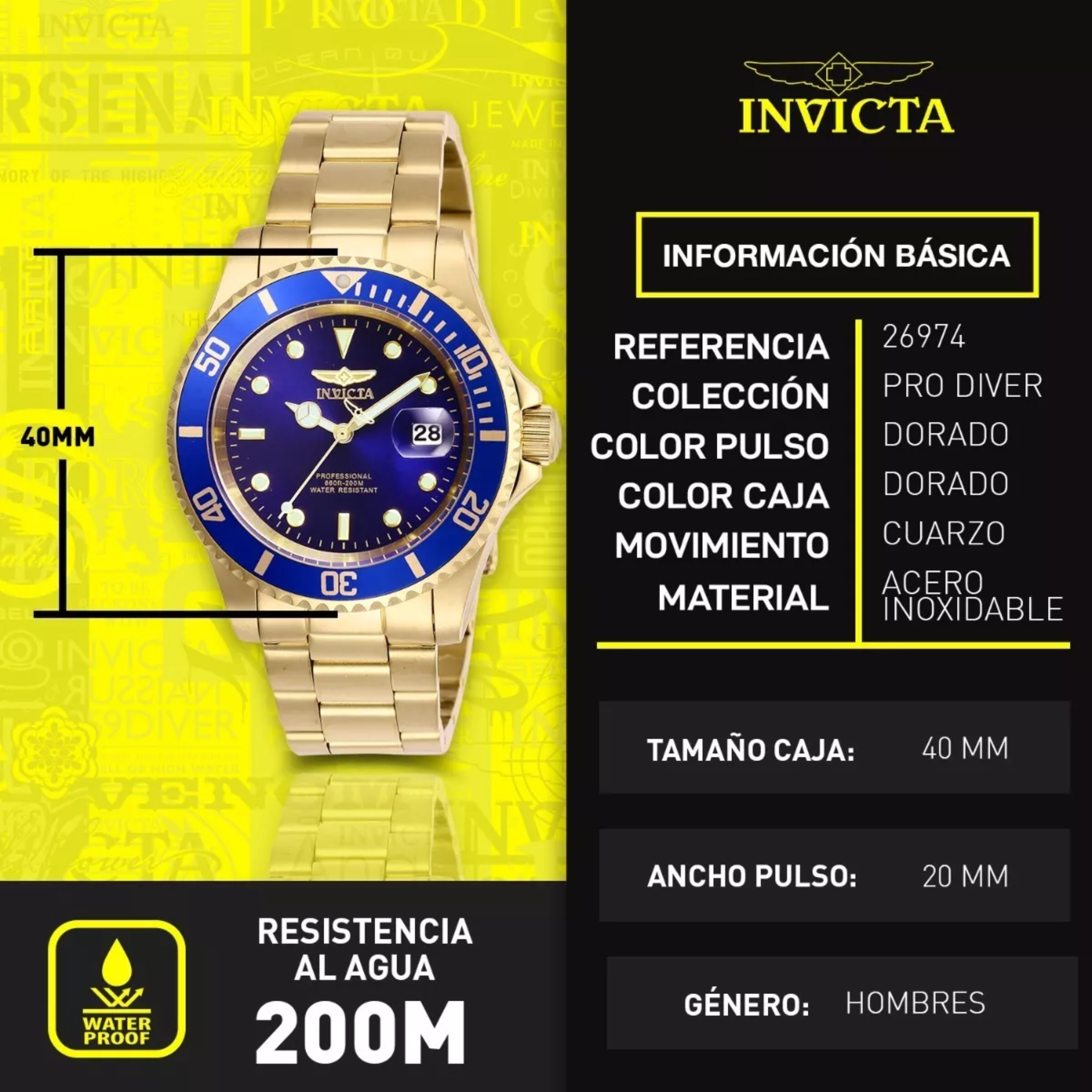 Reloj Invicta Oro Hombres Color de la correa Dorado Color del bisel Azul Color del fondo Azul