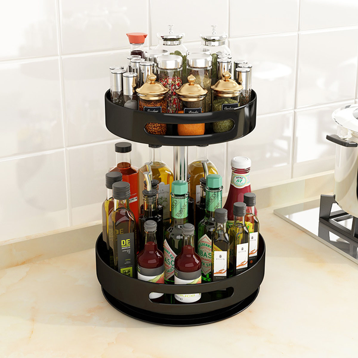 Organizador de metal giratorio de doble nivel para la cocina