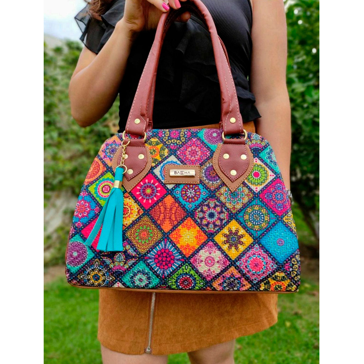 Bolsa de Hombro para Mujer, Artesanal, de Yute, Modelo Ada Cafe Rombos.