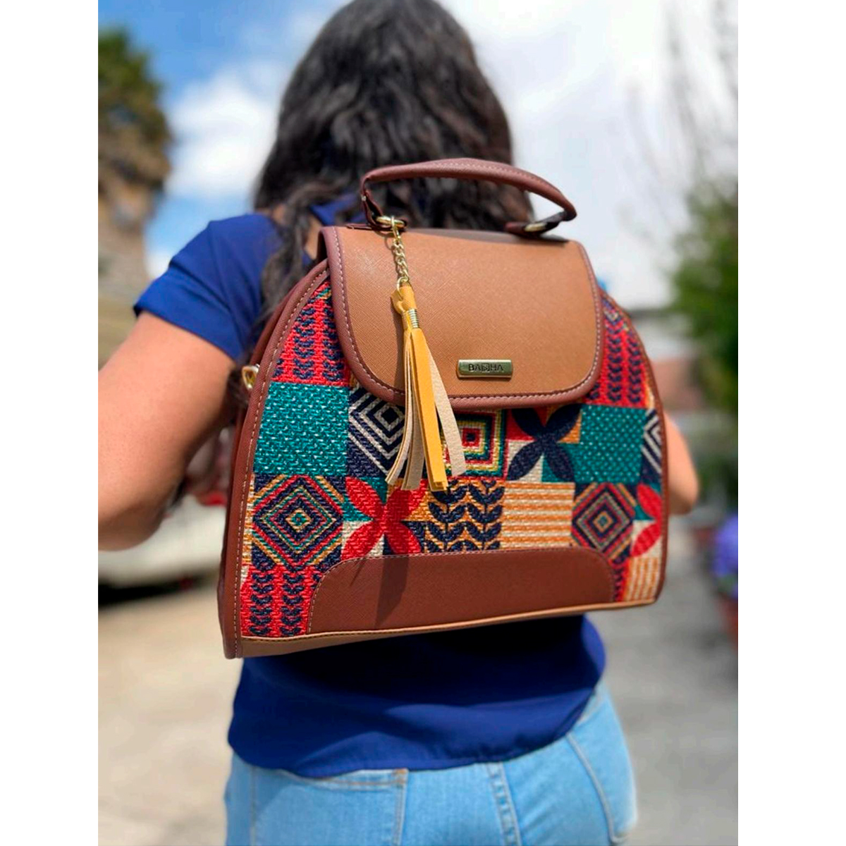 Mochila de Hombro para Mujer, Artesanal, de Yute, Modelo Mochila Cafe Cuadros