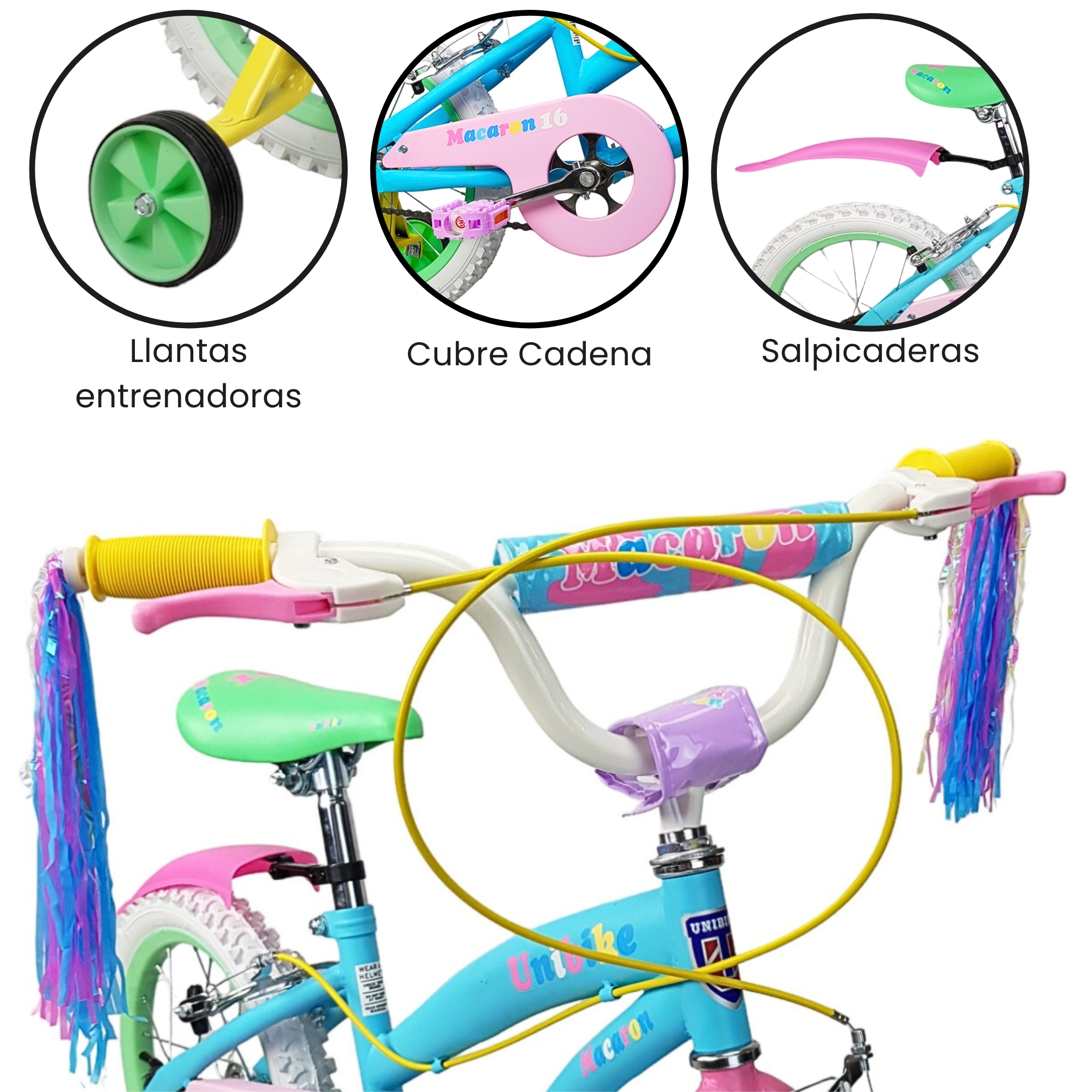 Bicicleta para Niñas R16 Llantas Aire y Entrenamiento Macaron Multicolor.