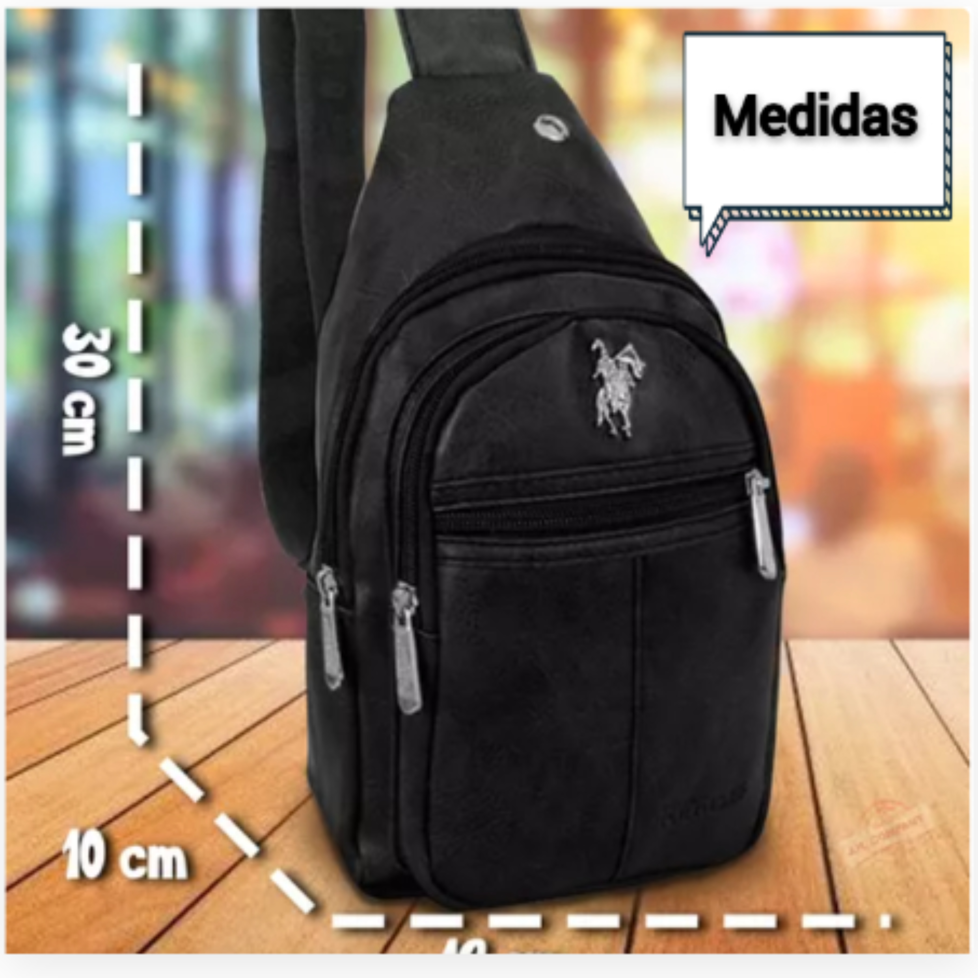 Bolsa Mariconera Polo Opy013 De Vinipiel Negra Asas Color Negro