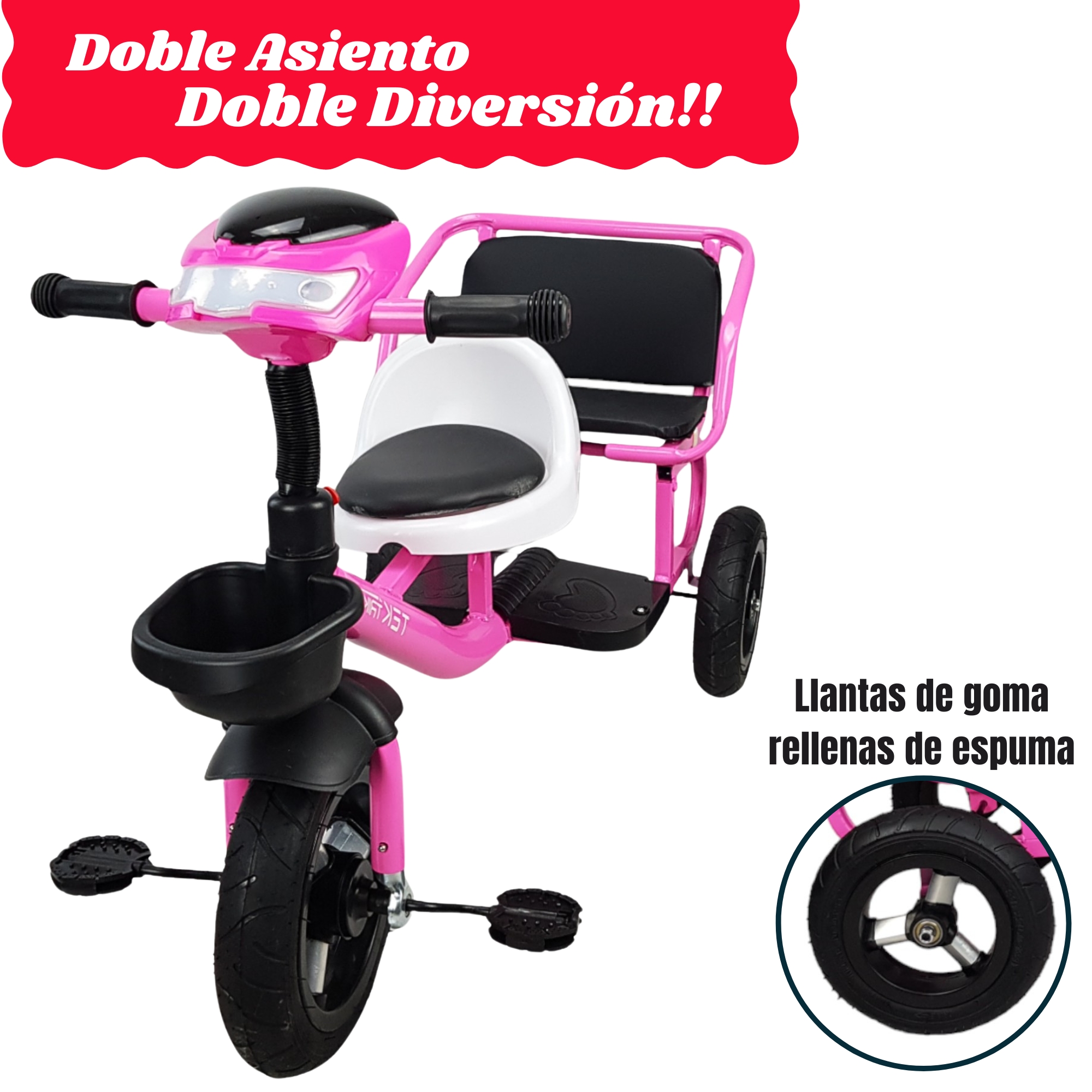 Triciclo para Niños Llantas Goma Rellenas, Con Luz y Sonido - Rosa.