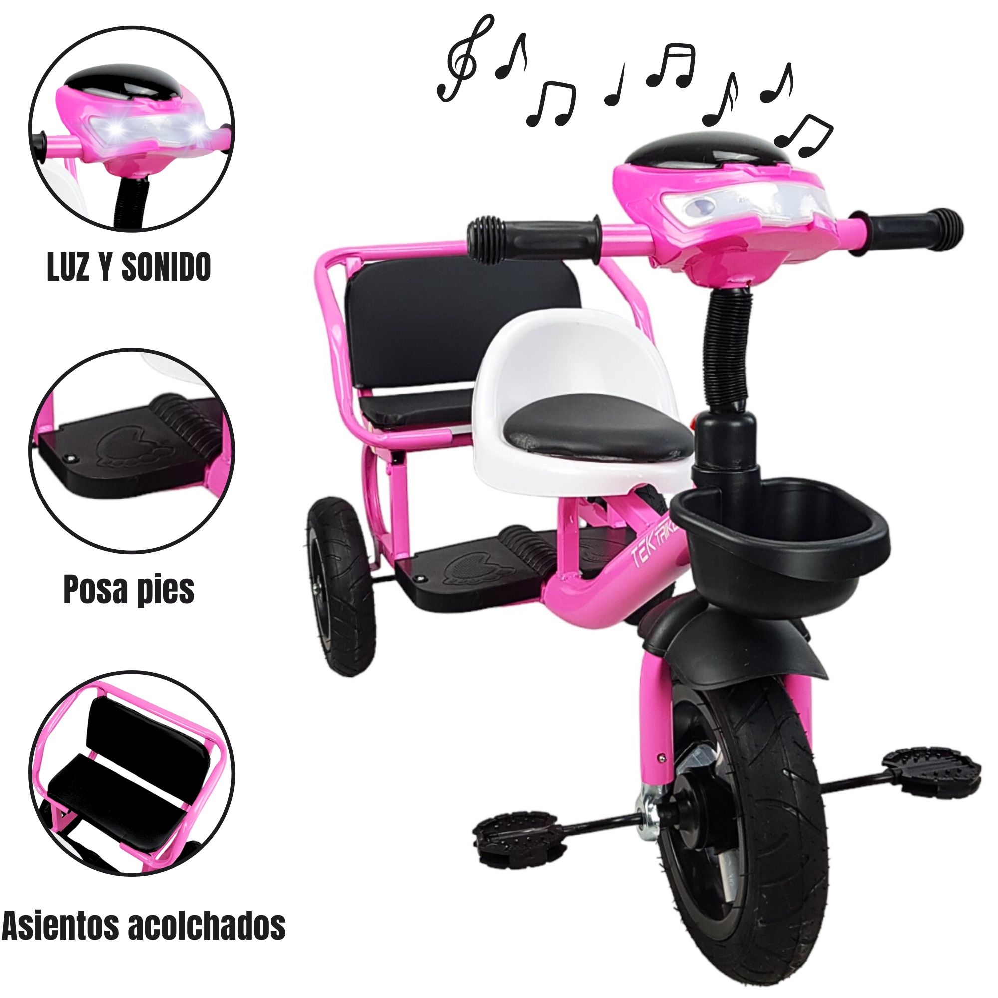 Triciclo para Niños Llantas Goma Rellenas, Con Luz y Sonido - Rosa.