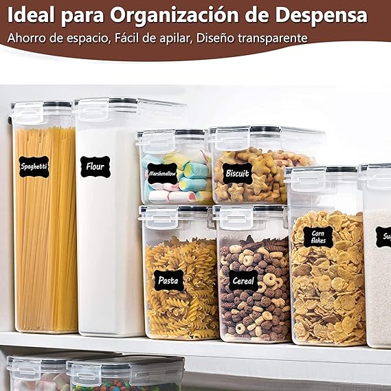 Juego de 24 Recipientes Herméticos para Almacenar Alimentos con Tapa Hermética Incluye Plumón y Cucharas Medidoras, Recipientes Sin BPA para Almacenar Alimentos Cereales Azúcar Pasta Harina Cereales