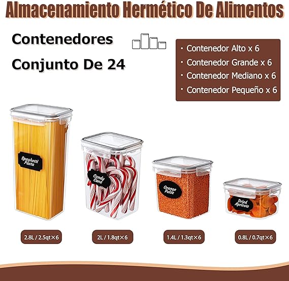 Juego de 24 Recipientes Herméticos para Almacenar Alimentos con Tapa Hermética Incluye Plumón y Cucharas Medidoras, Recipientes Sin BPA para Almacenar Alimentos Cereales Azúcar Pasta Harina Cereales