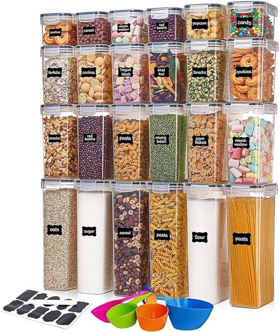 Juego de 24 Recipientes Herméticos para Almacenar Alimentos con Tapa Hermética Incluye Plumón y Cucharas Medidoras, Recipientes Sin BPA para Almacenar Alimentos Cereales Azúcar Pasta Harina Cereales