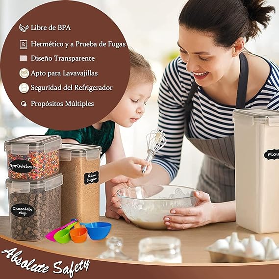 Juego de 24 Recipientes Herméticos para Almacenar Alimentos con Tapa Hermética Incluye Plumón y Cucharas Medidoras, Recipientes Sin BPA para Almacenar Alimentos Cereales Azúcar Pasta Harina Cereales
