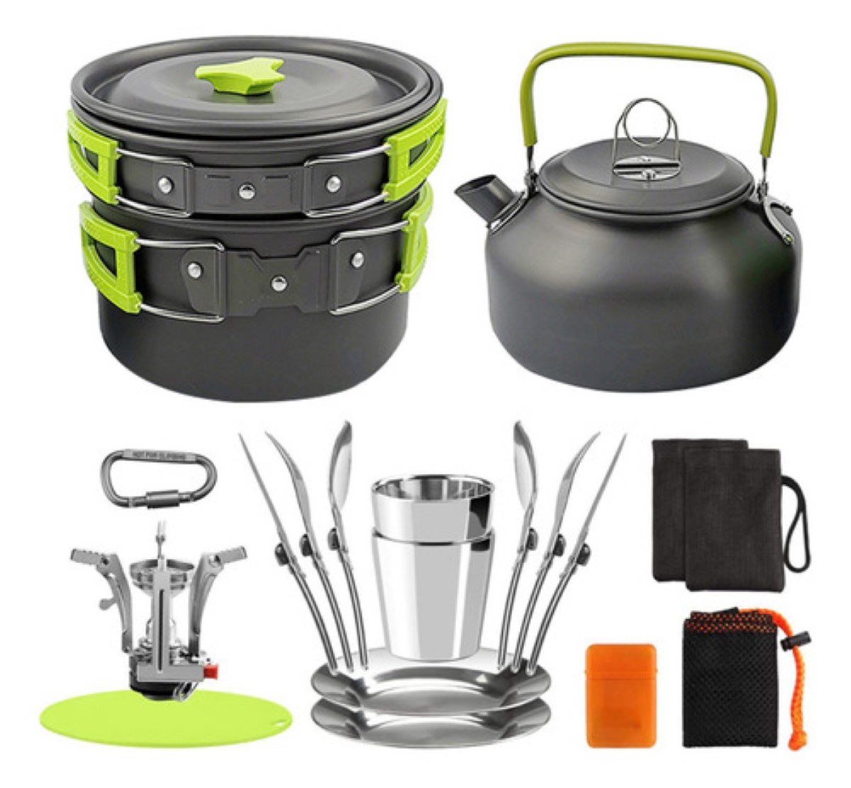 "Juego De Utensilios De Cocina Para Acampar Al Aire Libre Gris con Verde "