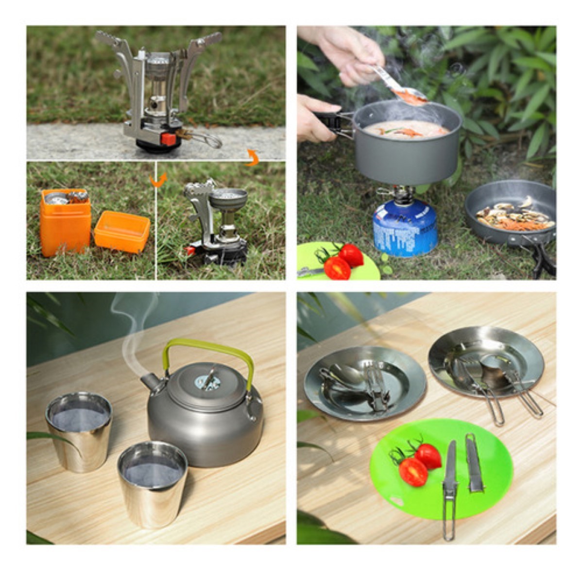 "Juego De Utensilios De Cocina Para Acampar Al Aire Libre Gris con Verde "