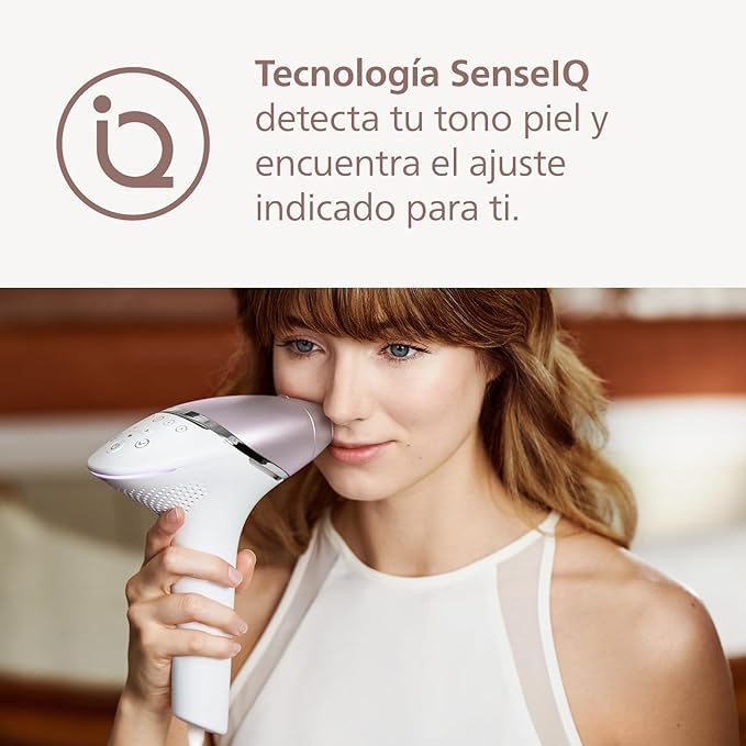 A Philips Lumea Prestige Depiladora IPL, Tecnología Sense IQ, Luz Pulsada, con cable, 4 Cabezales Inteligentes (Cuerpo, Bikini, Axilas y Cara) y SmartSkin Sensor, incluye un Recortador Precisión