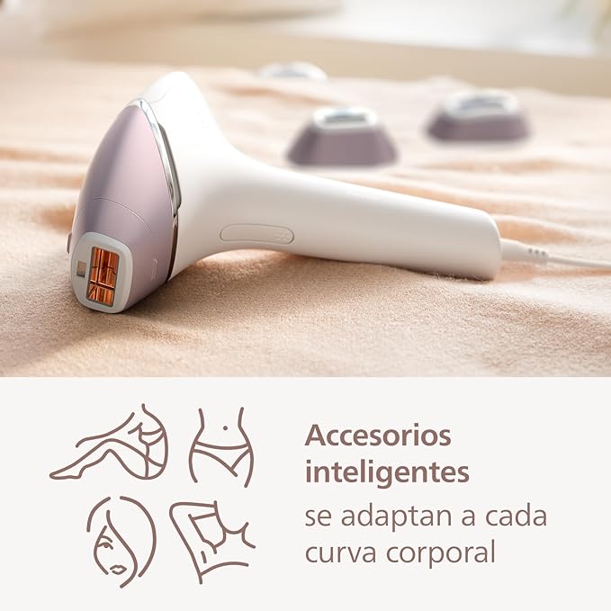 A Philips Lumea Prestige Depiladora IPL, Tecnología Sense IQ, Luz Pulsada, con cable, 4 Cabezales Inteligentes (Cuerpo, Bikini, Axilas y Cara) y SmartSkin Sensor, incluye un Recortador Precisión