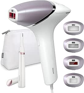 A Philips Lumea Prestige Depiladora IPL, Tecnología Sense IQ, Luz Pulsada, con cable, 4 Cabezales Inteligentes (Cuerpo, Bikini, Axilas y Cara) y SmartSkin Sensor, incluye un Recortador Precisión