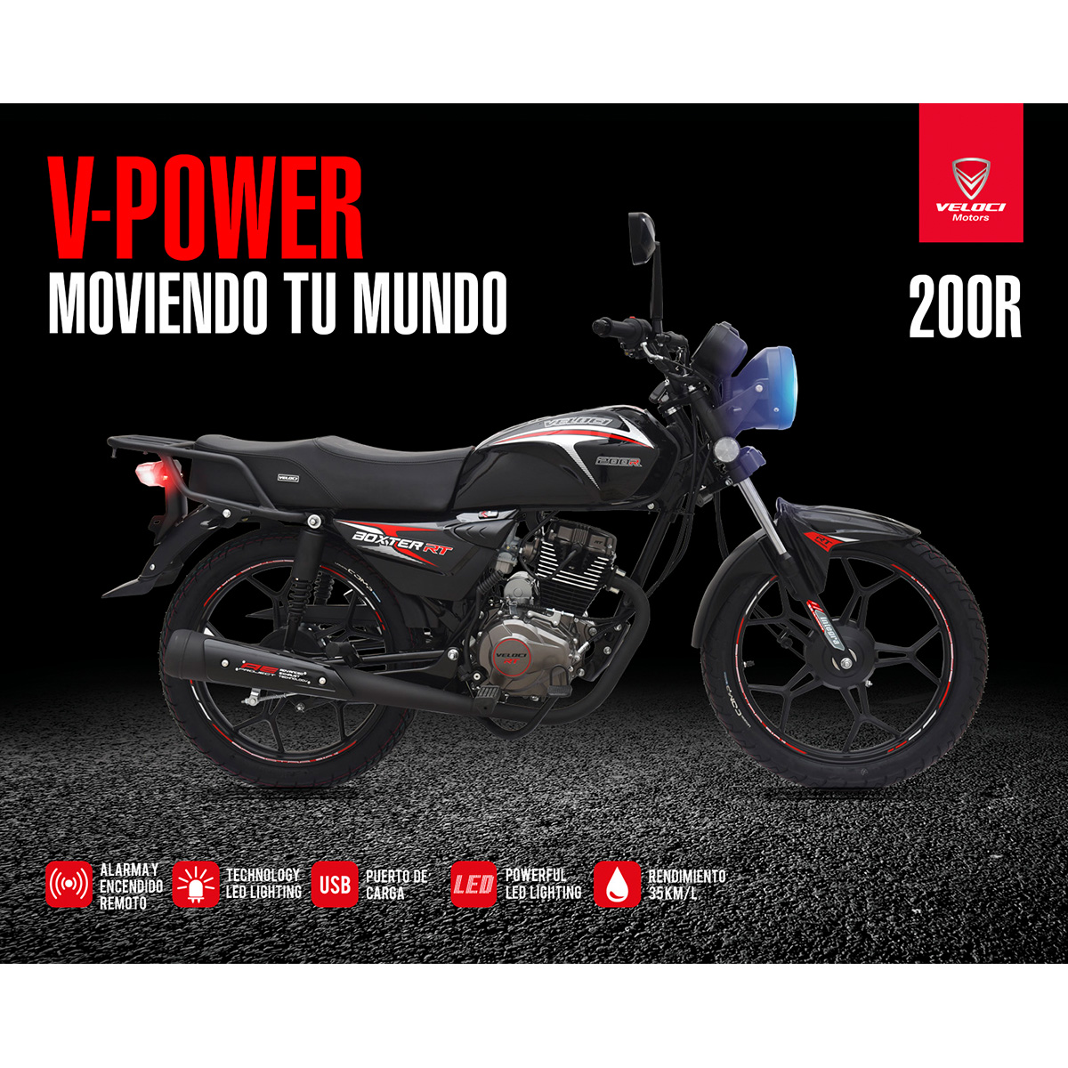Motocicleta Veloci Boxter RT3 200 CC Negro 2024.
