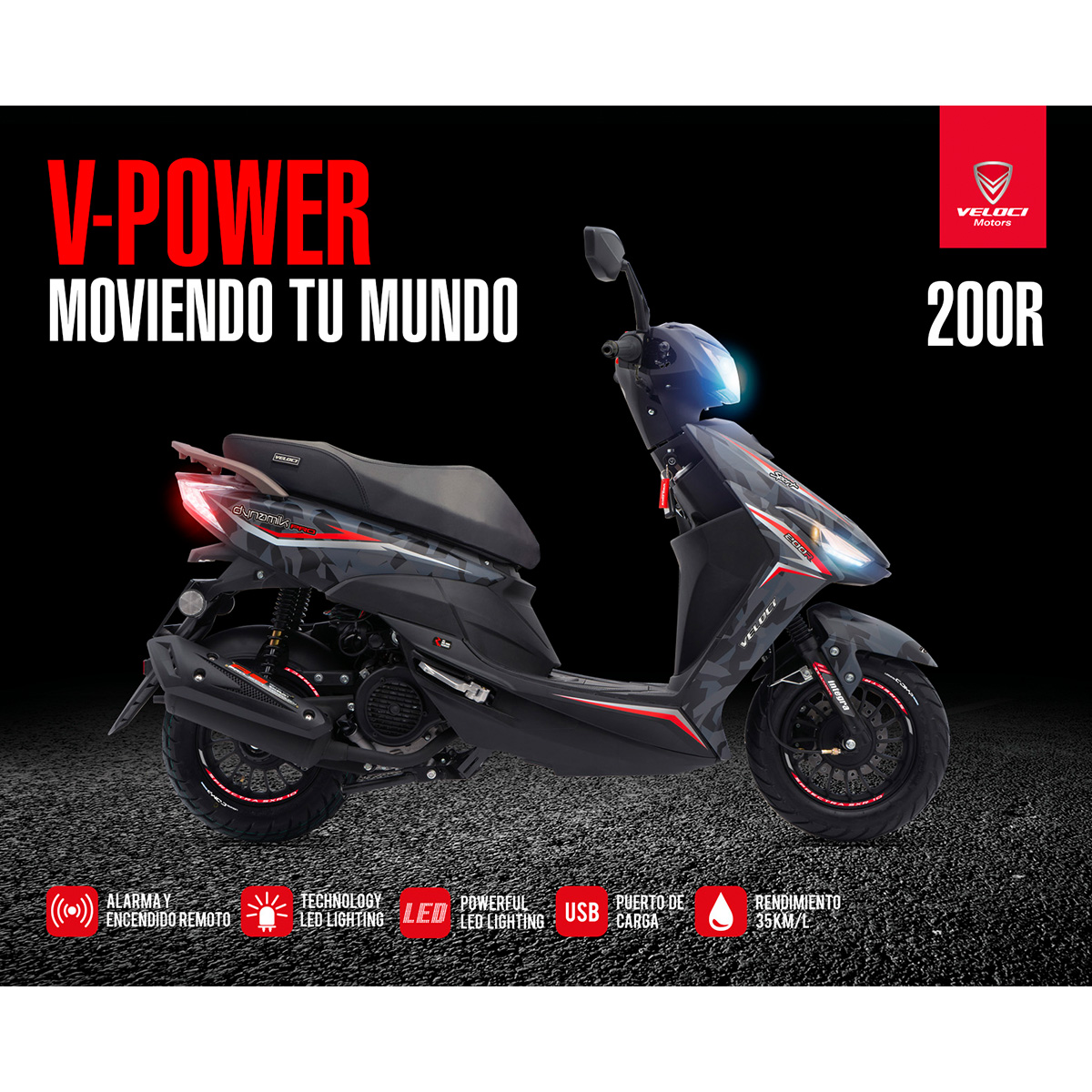 Motocicleta Veloci Dynamik Pro 200 CC Negro Camuflaje 2024.