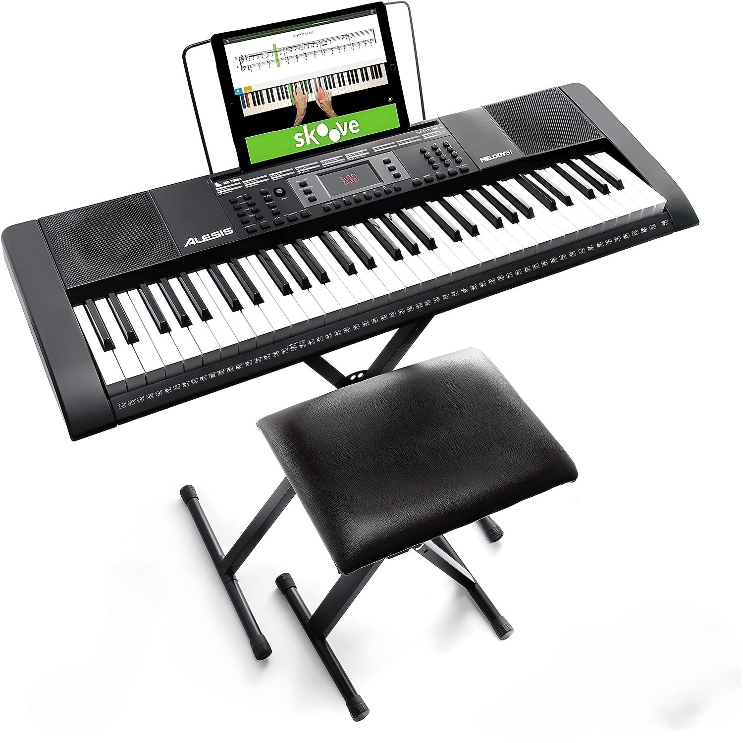 Alesis Melody 61 - Piano eléctrico con 61 teclas, Teclado Musical con altavoces, audífonos, micrófono, soporte para piano, atril y taburete