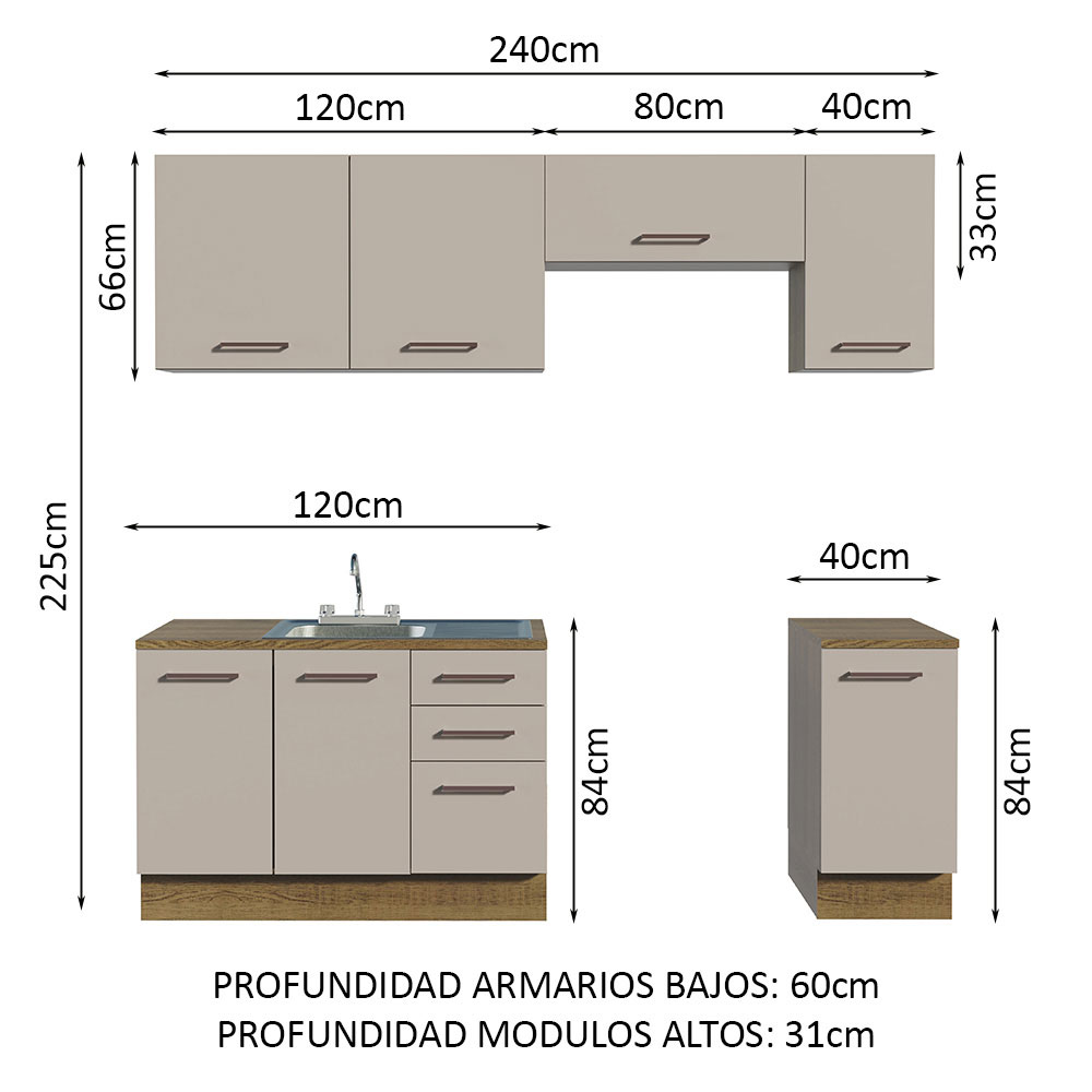 Cocina Integral Modular Luna Madesa 240cm con Acessorios MC.