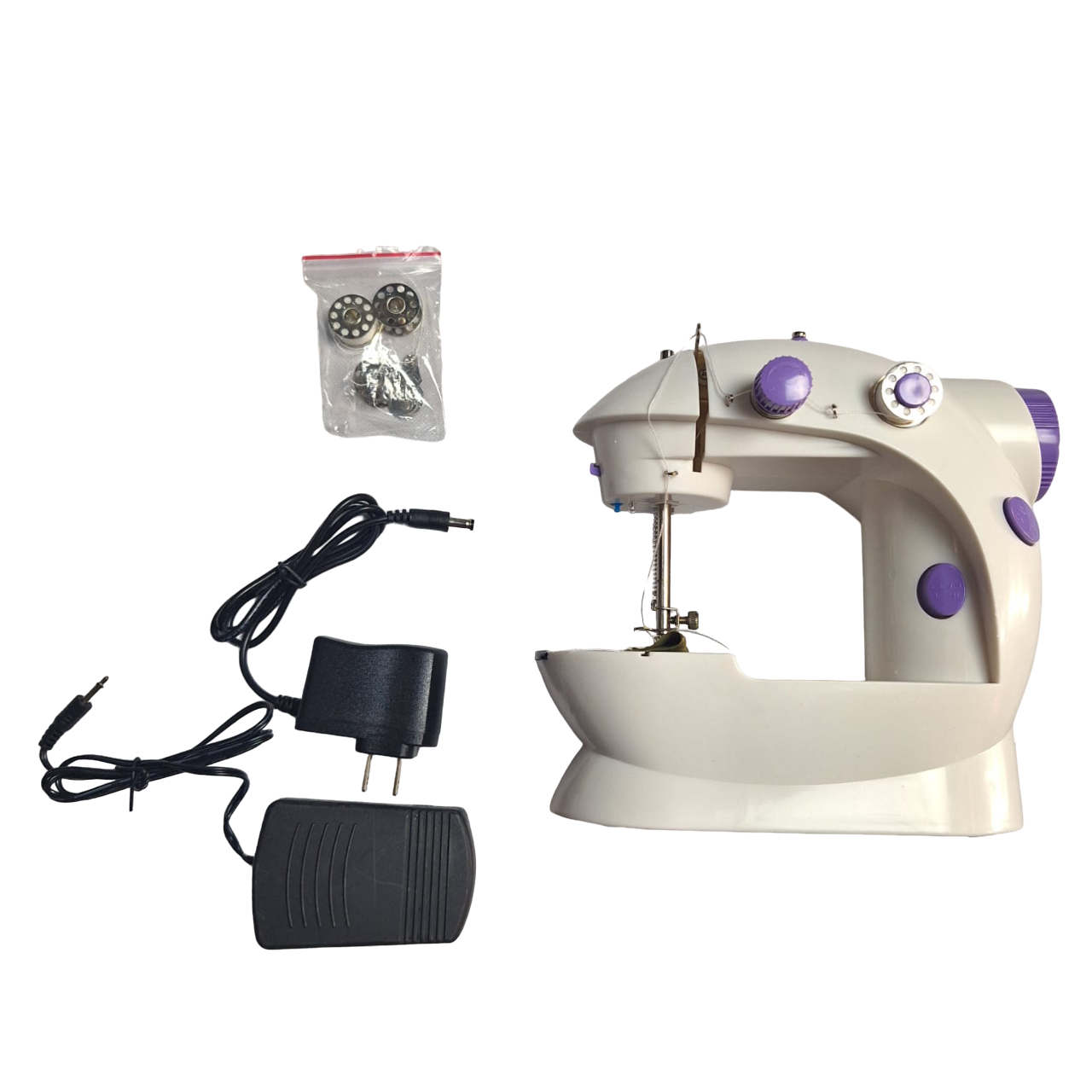 Maquina De Coser Portátil Pequeña Eléctrica De 2 Velocidades Color Blanco Con Morado