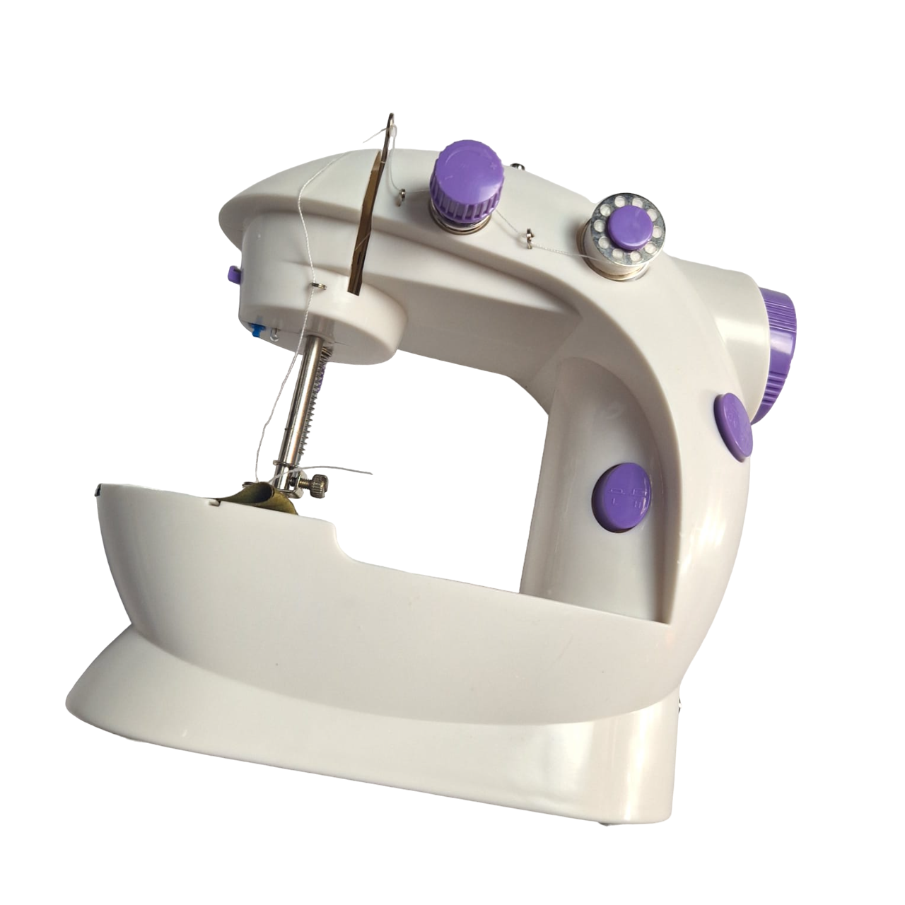 Maquina De Coser Portátil Pequeña Eléctrica De 2 Velocidades Color Blanco Con Morado