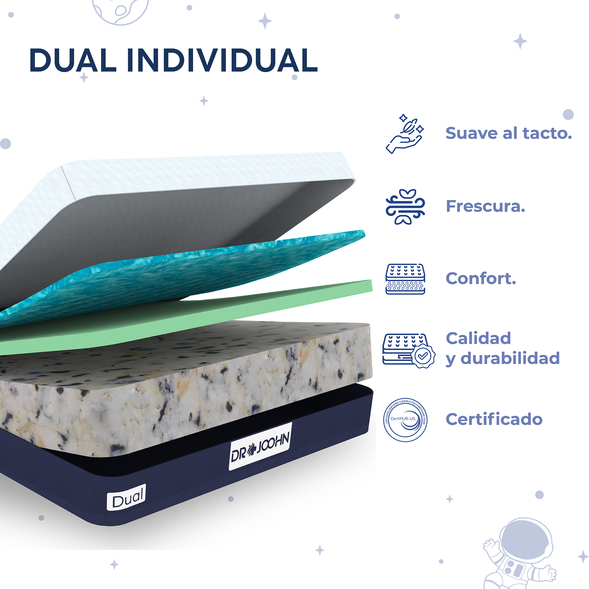 DR JOOHN Colchón Dual Gravity | Individual | 19 cm | 3 capas de Espuma de Alta Densidad | Semi-Firme | Sanitized y CertiPUR-US