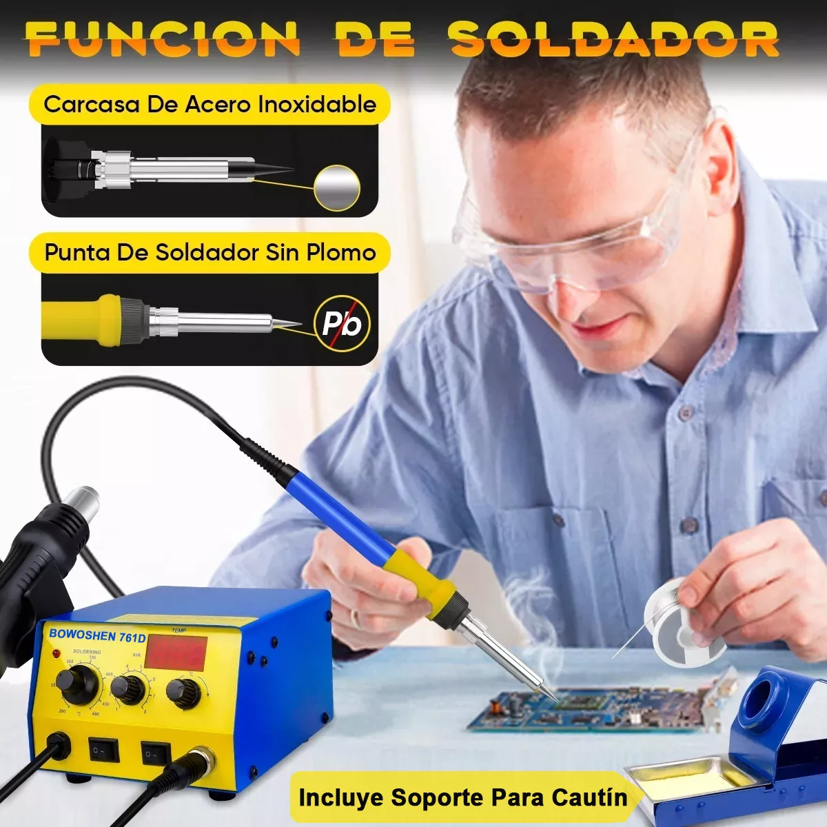 Estación De Soldadura 2 En 1 Con Pistola De Calor Y Cautín