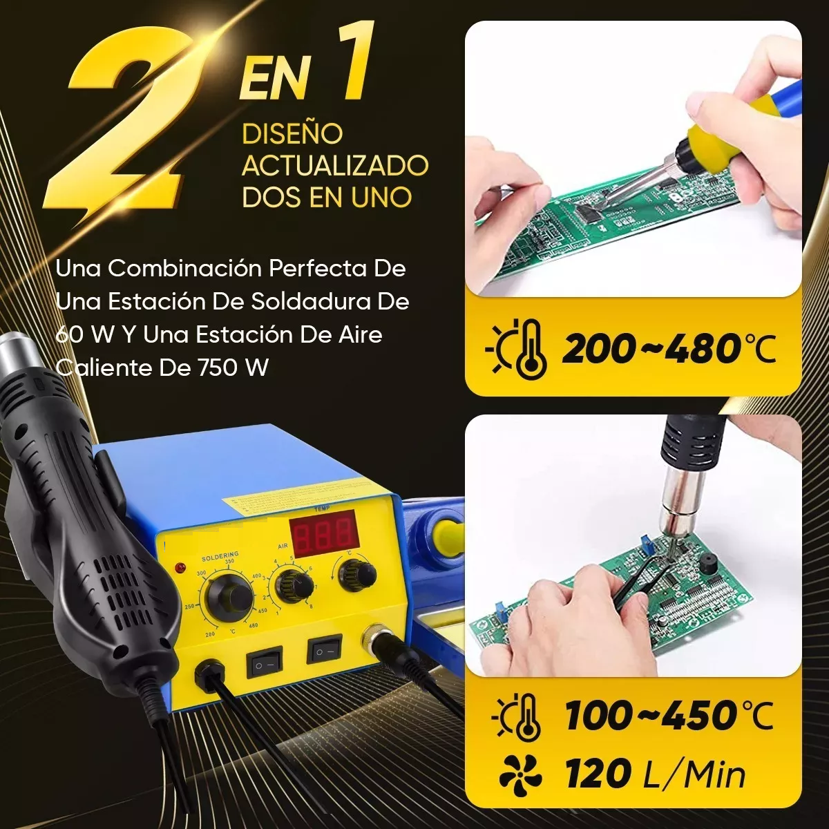 Estación De Soldadura 2 En 1 Con Pistola De Calor Y Cautín