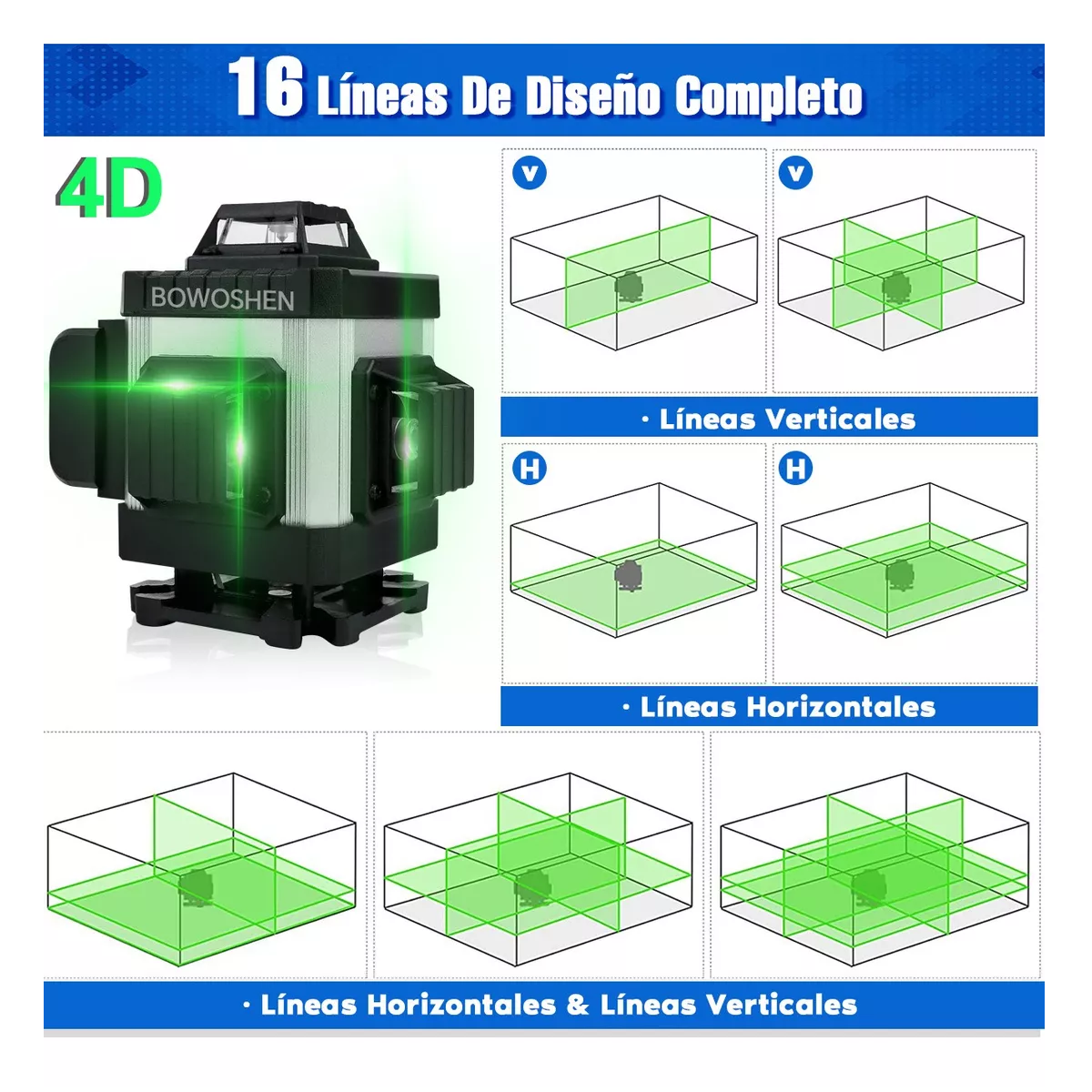 Nivel Láser 16 Líneas Con 2 Baterías Y Control Remoto 360°
