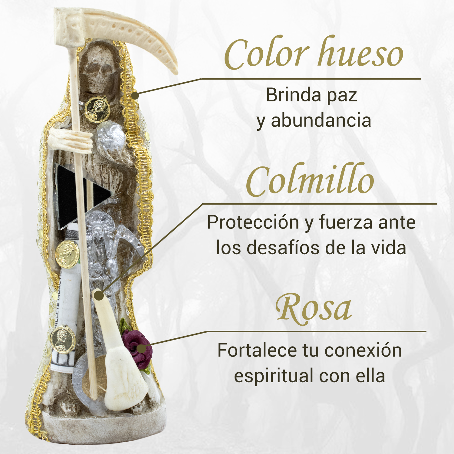 Santa Muerte Hueso Vestida 30cm Protección, Paz y Abundancia.