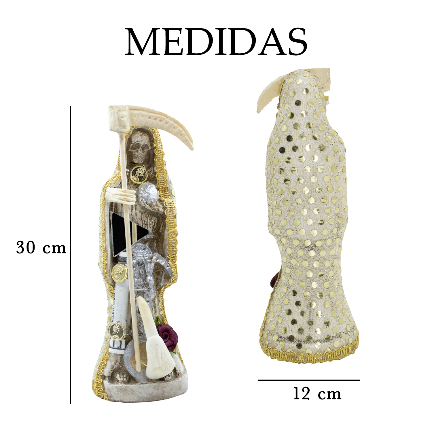 Santa Muerte Hueso Vestida 30cm Protección, Paz y Abundancia.