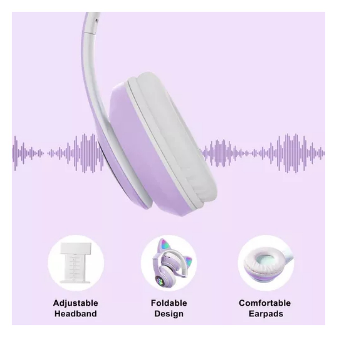 Audifonos Orejas De Gato Bluetooths 5.1 Led Diadema Ninos Color Violeta
