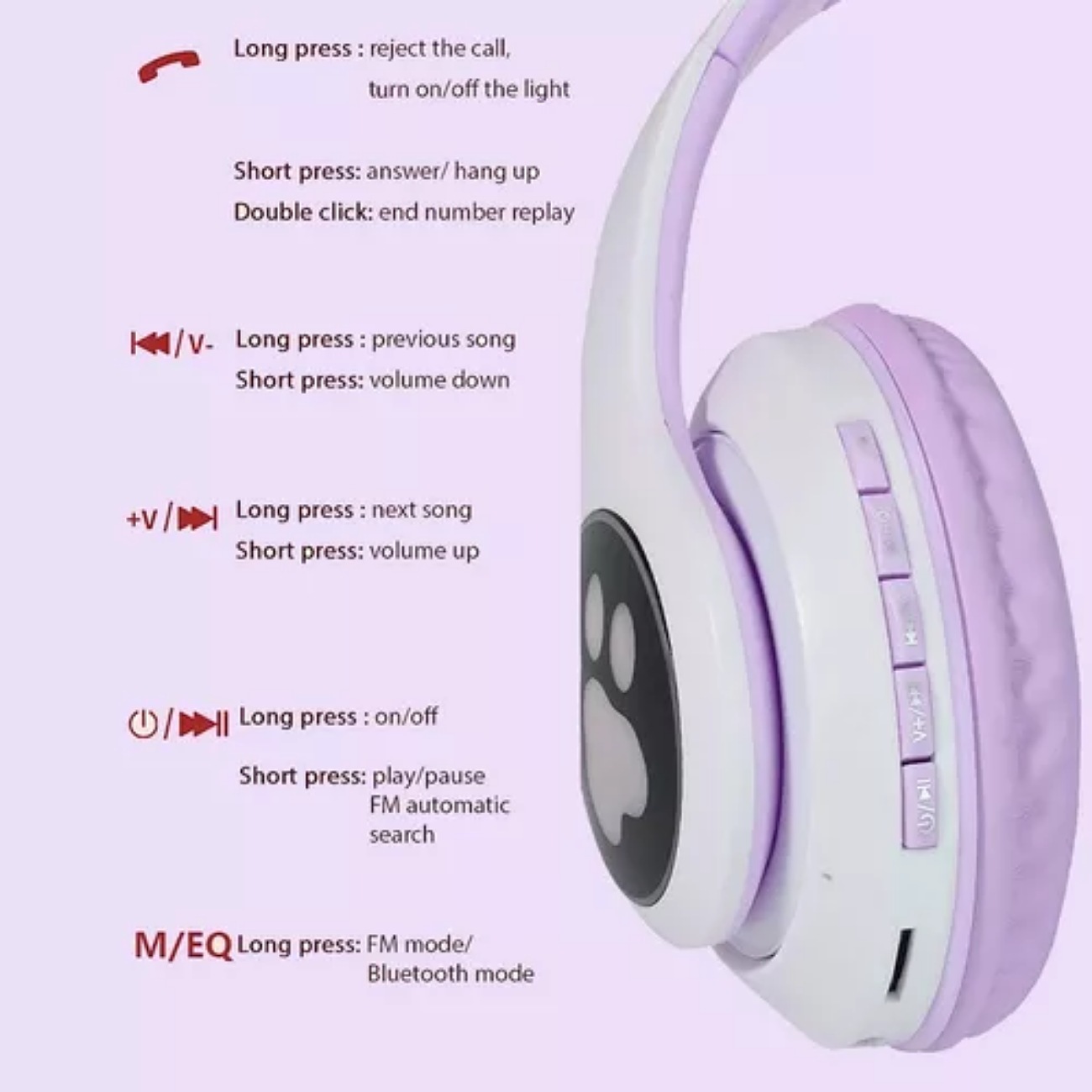 Audifonos Orejas De Gato Bluetooths 5.1 Led Diadema Ninos Color Violeta