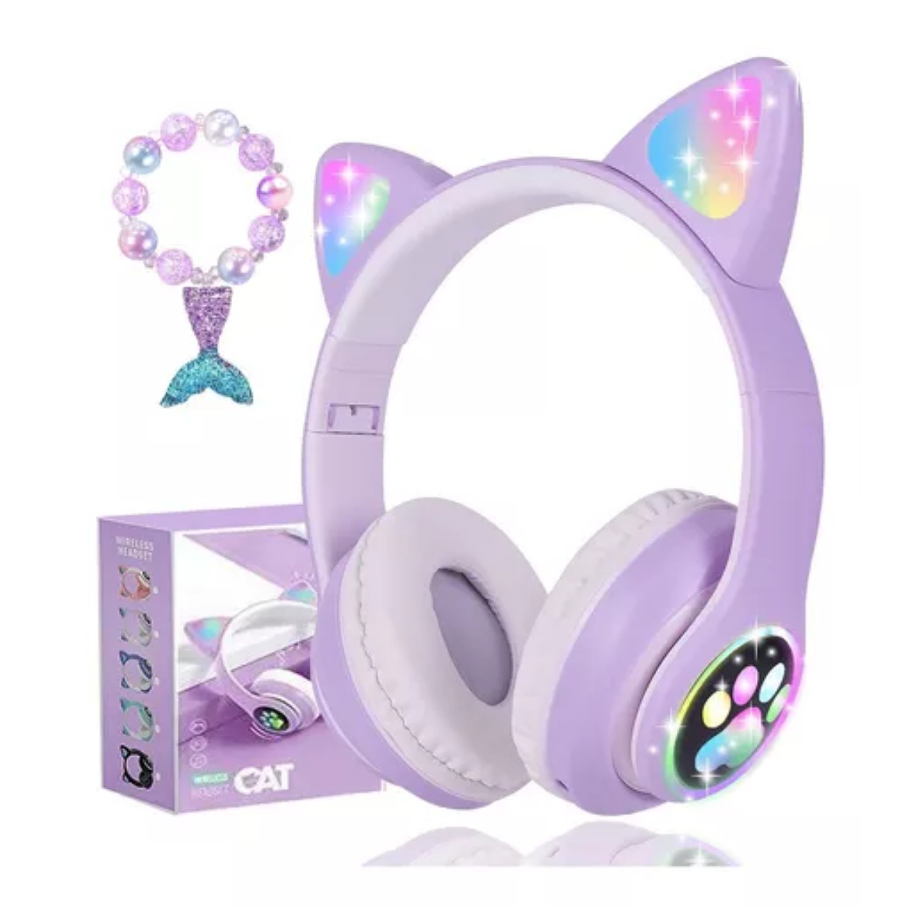 Audifonos Orejas De Gato Bluetooths 5.1 Led Diadema Ninos Color Violeta