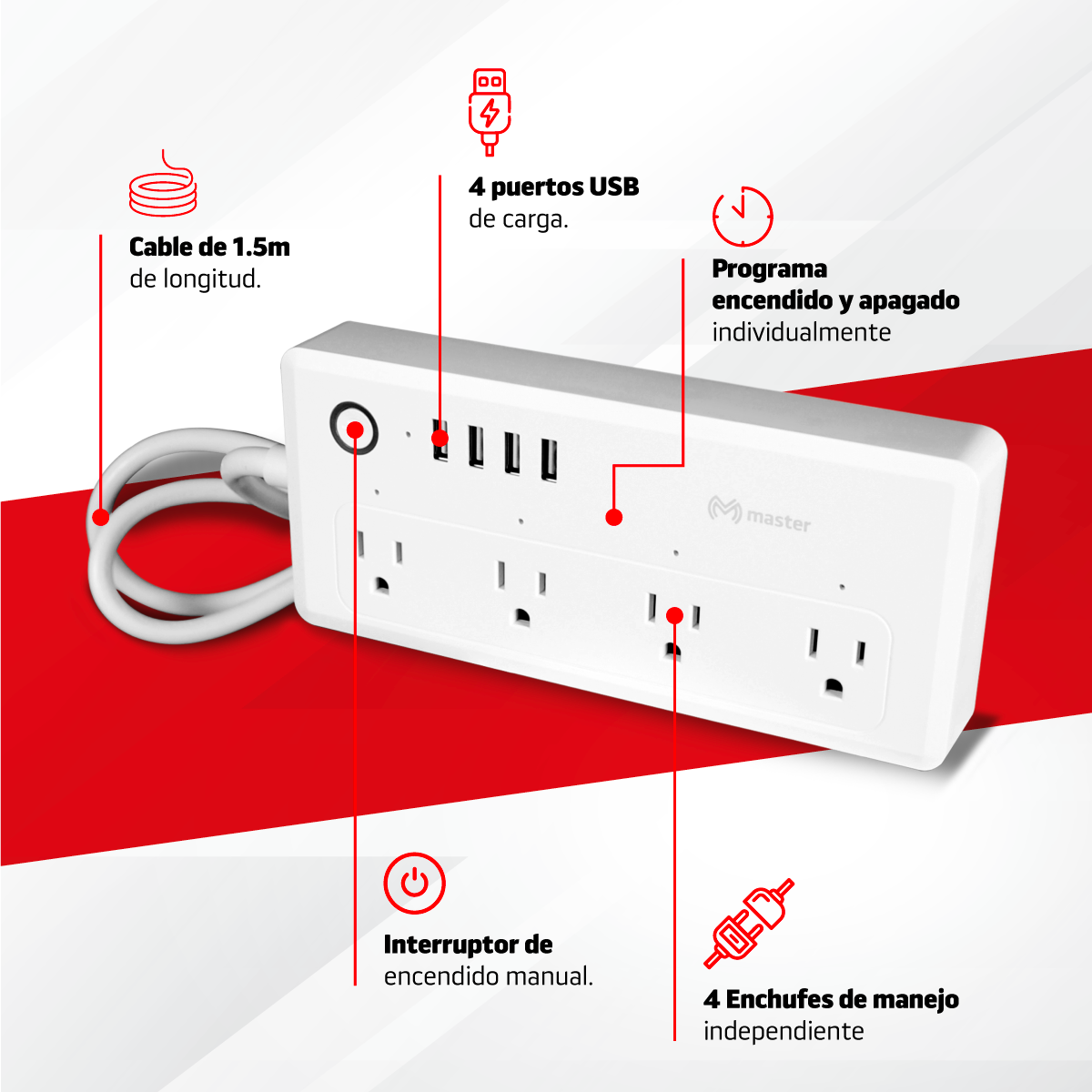 Barra Multicontactos Inteligente Compatible con Alexa y Google Home con 4 Terminales y 4 Puertos USB Master  IOT-POWSTRIP