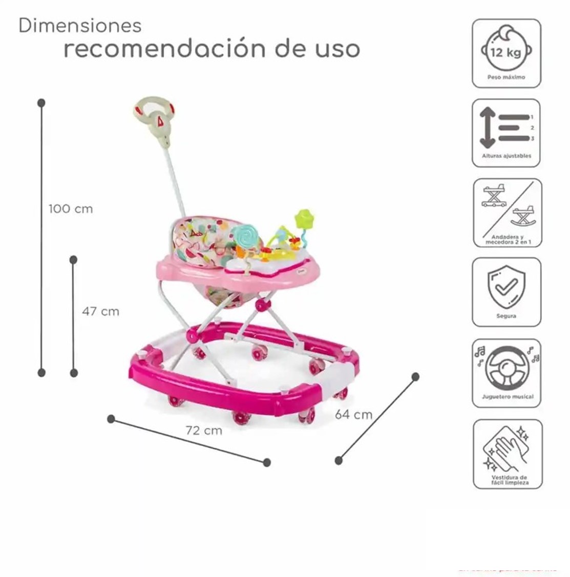 Andadera Mecedora Con Bastón D´bebé 2 En 1 Rocking Pop Rosa