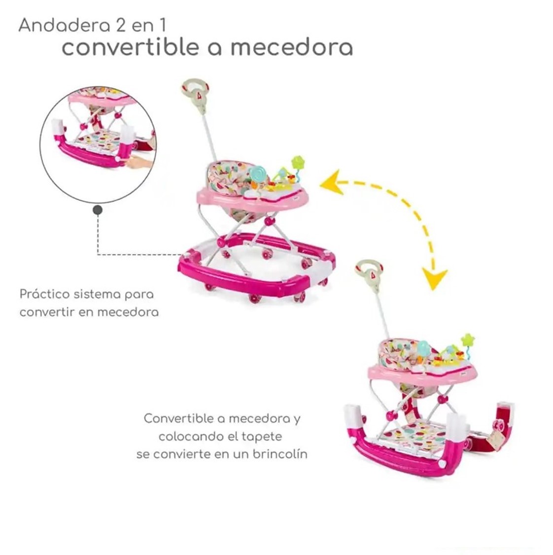 Andadera Mecedora Con Bastón D´bebé 2 En 1 Rocking Pop Rosa